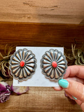 Load image into Gallery viewer, Large Concho Earrings with Red Spiny Oyster – Sterling Silver

