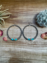 Load image into Gallery viewer, Big Sterling Silver Pearls Hoops with turquoise
