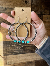 Load image into Gallery viewer, Big Sterling Silver Pearls Hoops with turquoise
