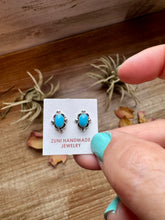 Load image into Gallery viewer, Zuni Mini Stud Earrings – Kingman Turquoise &amp; Sterling Silver
