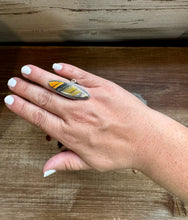 Load image into Gallery viewer, Long Ring - size 8 - sterling silver with bumblebee jasper
