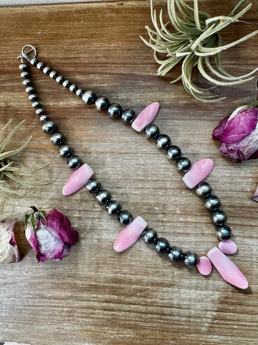 NFR Collection Necklace – 8mm & 14mm Sterling Silver Pearls with Pink Conch Shell – 23