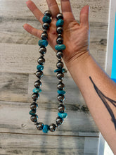 Load image into Gallery viewer, Turquoise Nugget &amp; Sterling Silver Pearl Necklace – 21&quot;
