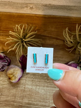 Load image into Gallery viewer, Mini Rectangle Stud Earrings – Kingman Turquoise – Sterling Silver – Zuni Made
