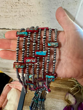 Load image into Gallery viewer, Pink/blue Double Strand Necklace – 13” Beaded – Sterling Silver Pearls &amp; Rectangle Variscite Turquoise
