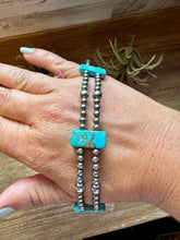 Load image into Gallery viewer, Double Strand Necklace – 13” Beaded – Sterling Silver Pearls &amp; Rectangle Variscite Turquoise
