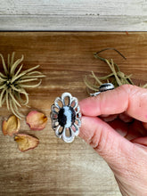 Load image into Gallery viewer, White Buffalo Flower Ring – Native Made Sterling Silver (Sizes 6.5 &amp; 7.5)
