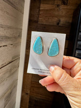 Load image into Gallery viewer, Kingman Turquoise Earrings – Sterling Silver – Handmade by Donovan Nez, Navajo Artist
