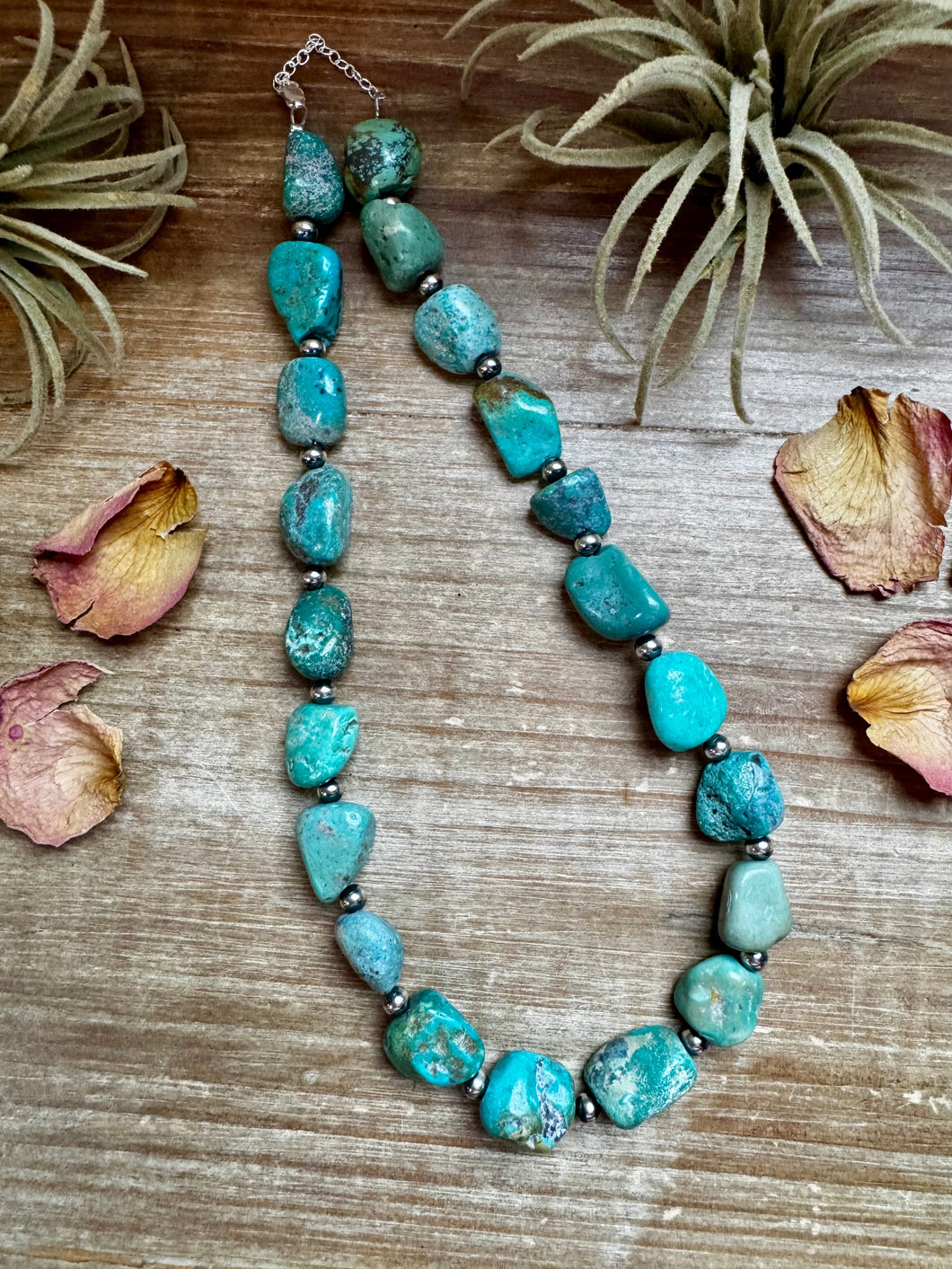 18-Inch Turquoise Nugget Necklace with 4mm Sterling Silver Pearls