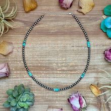 Load image into Gallery viewer, Sterling Silver Pearl Necklace with Turquoise &amp; Variscite Rondelles – 19.5”
