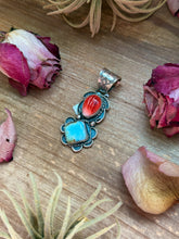 Load image into Gallery viewer, Red Spiny Oyster &amp; Golden Hills Turquoise Sterling Silver Pendant – Stamped Gilbert Nez
