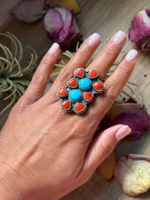Load image into Gallery viewer, Red Coral &amp; Kingman Turquoise Sterling Silver Ring – Adjustable
