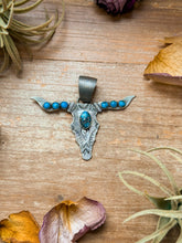 Load image into Gallery viewer, Sterling Silver Longhorn Pendant with Kingman Turquoise – Native Made by Leroy James (Navajo Artist)
