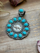 Load image into Gallery viewer, Sterling Silver Kingman Turquoise &amp; Buffalo Nickel Cluster Pendant – Artist Shay Pfeiffer
