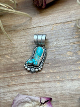 Load image into Gallery viewer, Sterling Silver Kingman Turquoise Cowboy Boot Pendant – Handmade by Artist Shay Pfeiffer
