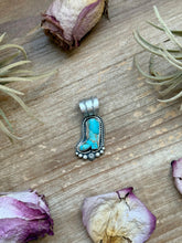 Load image into Gallery viewer, Sterling Silver Kingman Turquoise Cowboy Boot Pendant – Handmade by Artist Shay Pfeiffer
