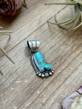 Load image into Gallery viewer, Sterling Silver Kingman Turquoise Cowboy Boot Pendant – Handmade by Artist Shay Pfeiffer
