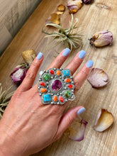 Load image into Gallery viewer, Mosaic Cluster Ring – Sterling Silver – Sonoran Mountain, Blue Ridge Turquoise &amp; Spiny Oyster – Size 9 – Artist Shay Pfeiffer
