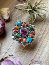 Load image into Gallery viewer, Mosaic Cluster Ring – Sterling Silver – Sonoran Mountain, Blue Ridge Turquoise &amp; Spiny Oyster – Size 9 – Artist Shay Pfeiffer
