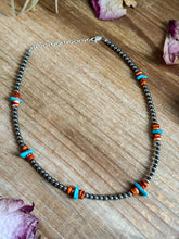 Load image into Gallery viewer, Sterling Silver Pearl Necklace with Orange Spiny Oyster &amp; Sleeping Beauty Turquoise Chips – 14.5”
